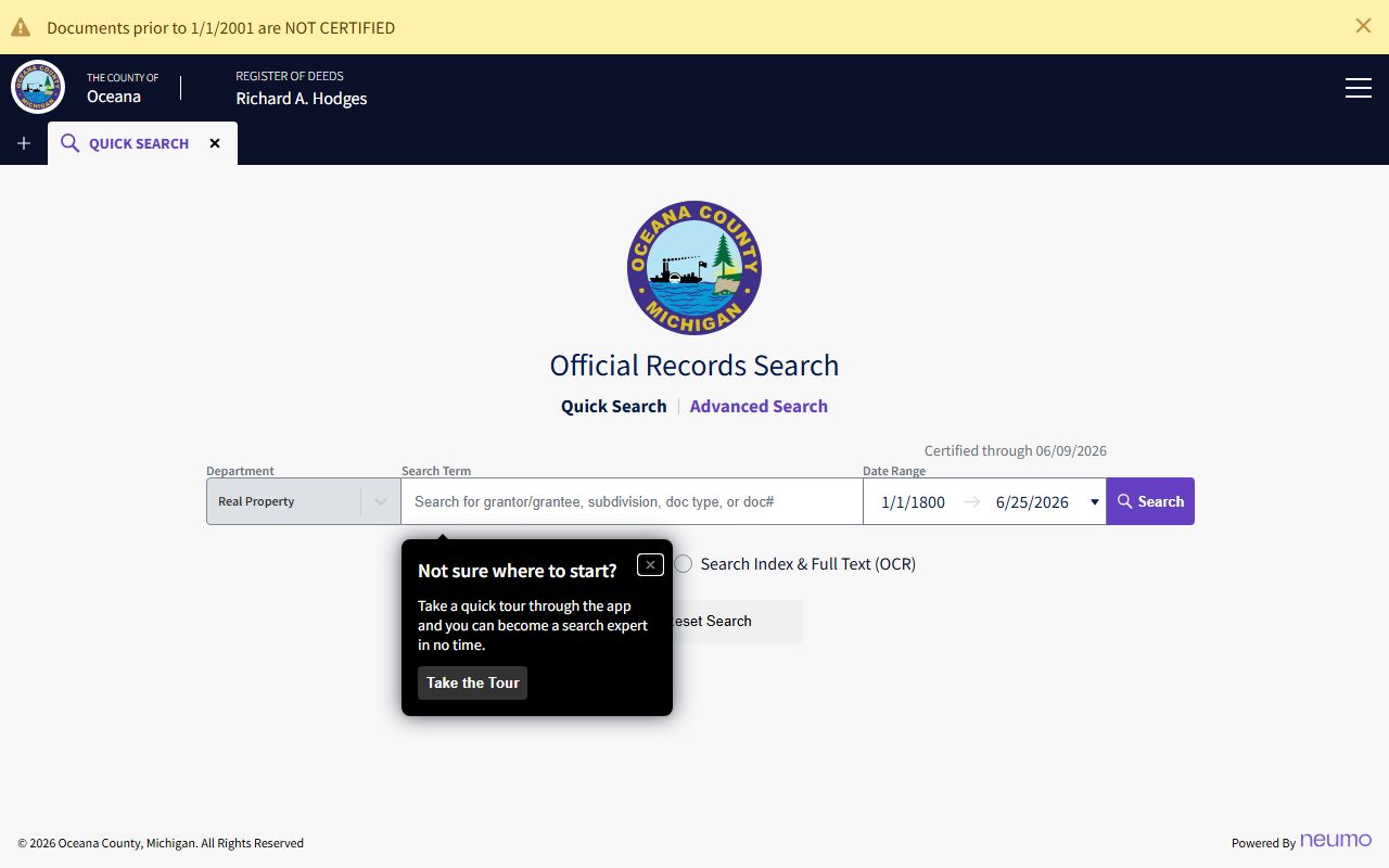 Oceana County Register of Deeds online property records search portal