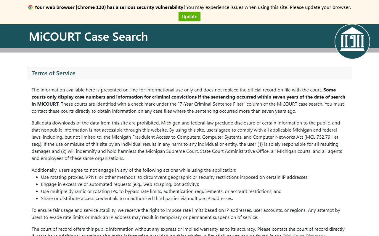 Oceana County court records search on MiCOURT Case Search