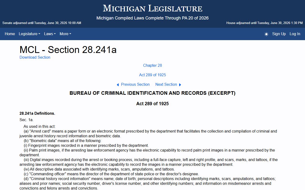 Oceana County criminal court records and Michigan criminal history record definitions statute