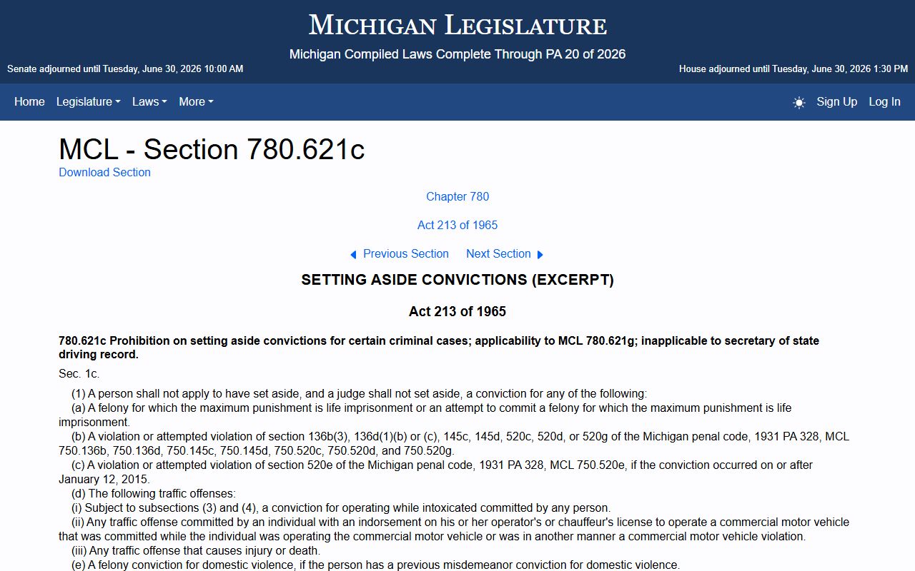 Oceana County criminal court records and Michigan traffic offense set-aside statute