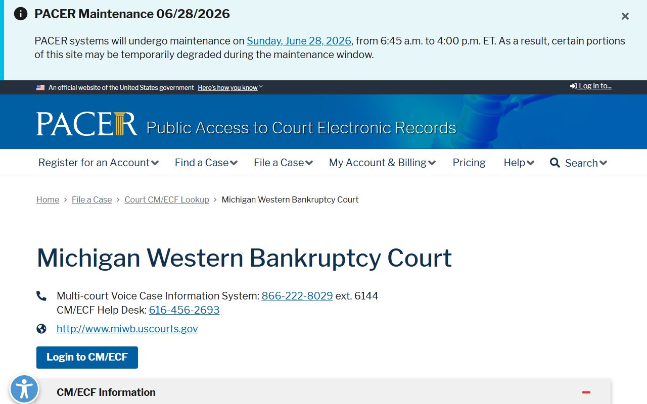 PACER bankruptcy lookup for Oceana County federal cases