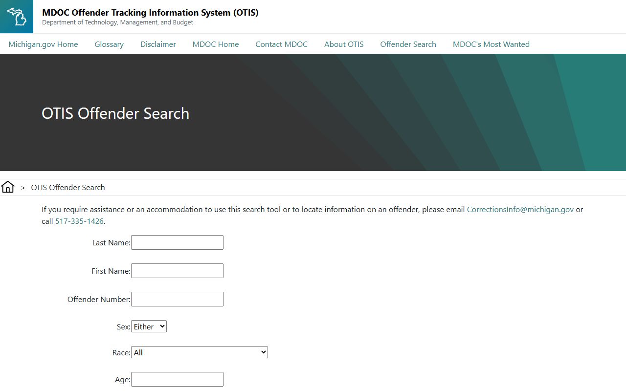 Oceana County inmate search on the Michigan MDOC OTIS offender search page