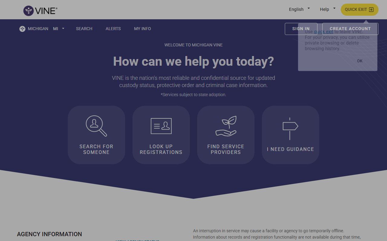 Oceana County inmate custody search on the Michigan VINELink portal