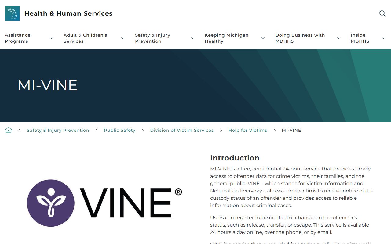 Oceana County jail inmate notification through the Michigan MI-VINE service