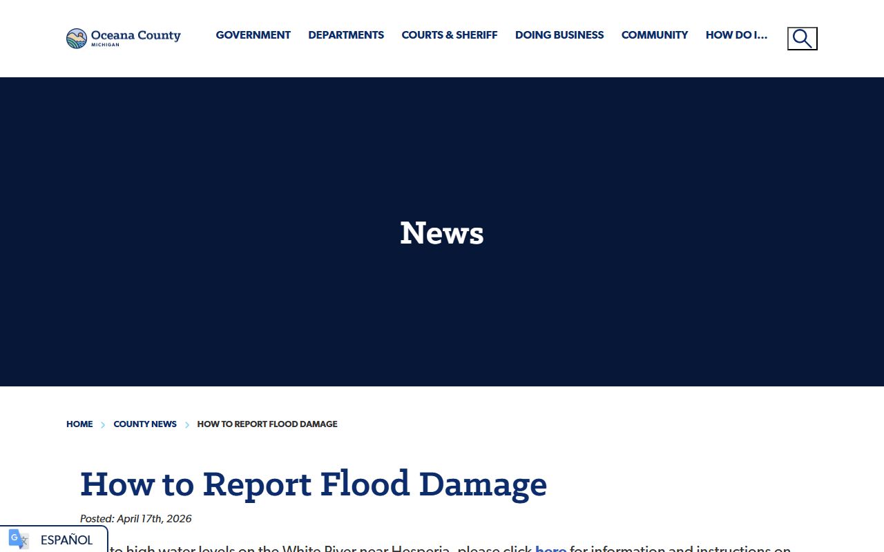 Oceana County flood damage self-report notice for residents
