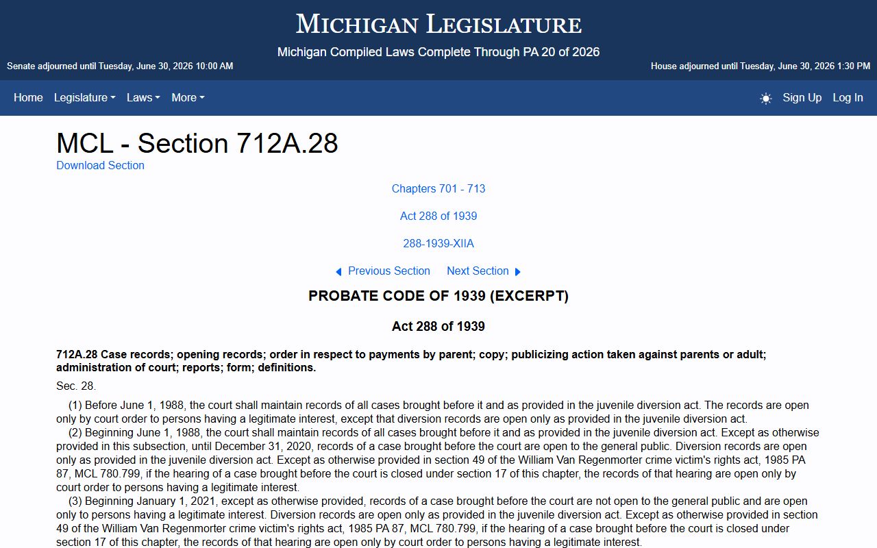 Oceana County criminal court records and Michigan juvenile case record confidentiality statute