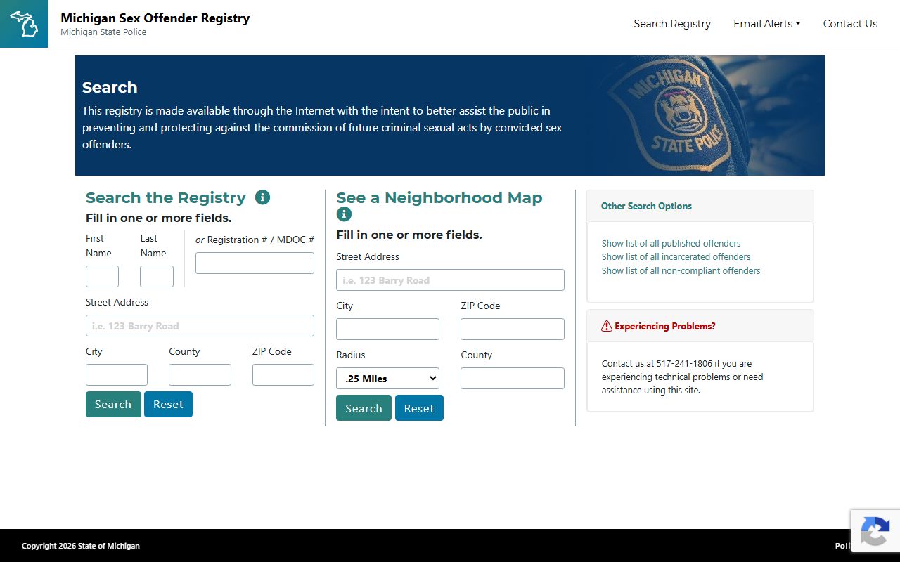Oceana County area search on the Michigan sex offender registry