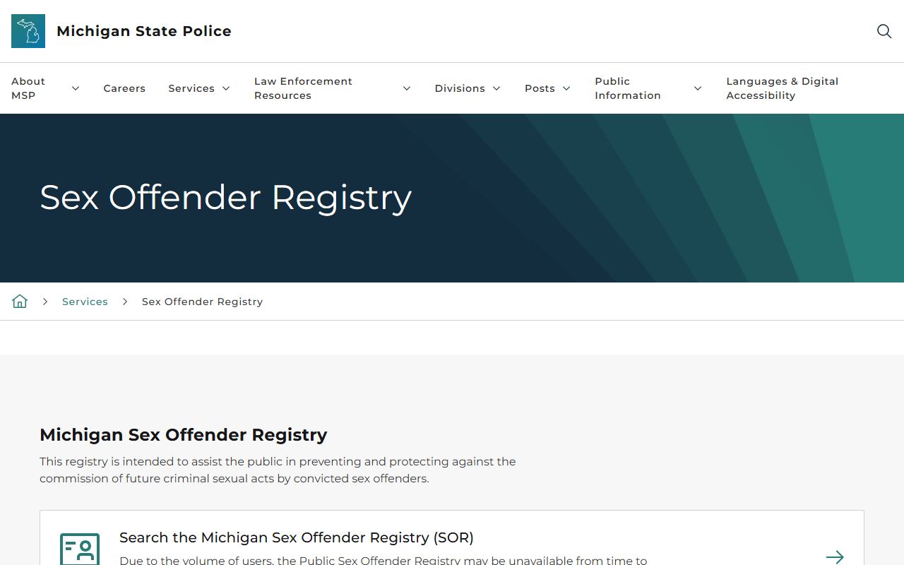 Oceana County inmate-related Michigan sex offender registry information page