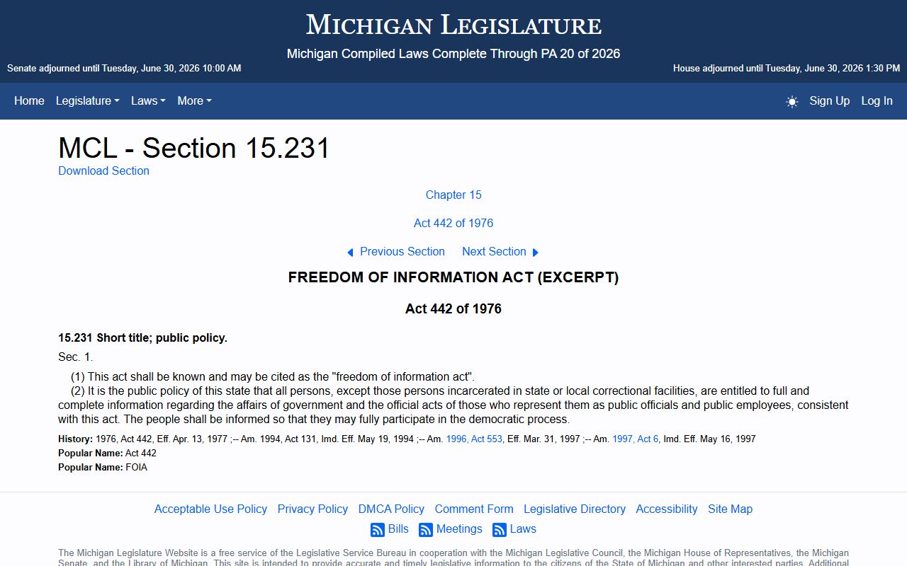 Oceana County warrant records and the Michigan FOIA statute MCL 15.231